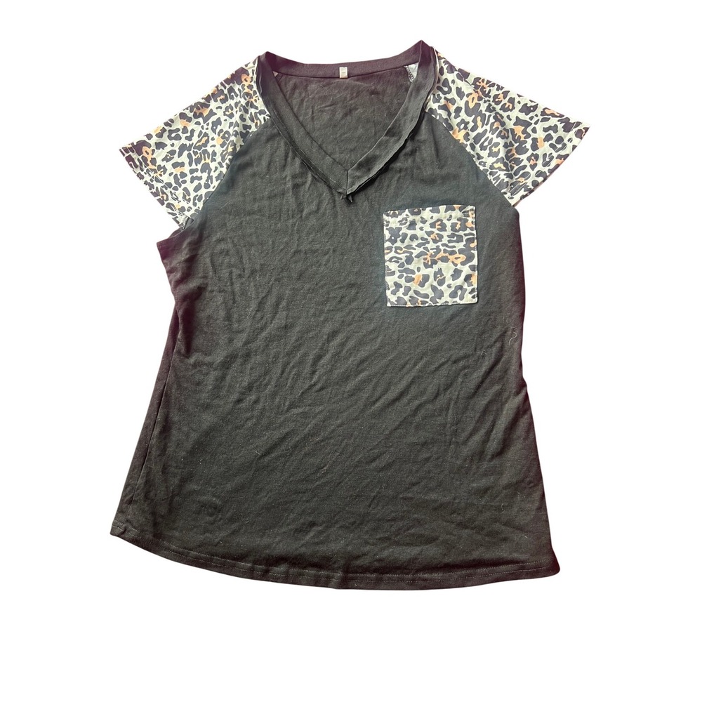 Womens Black Leopard Print Raglan Sleeve V-Neck Pocket Tee Large Strechy y2K
